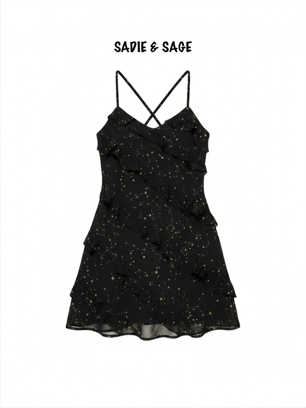 Sadie & Sage Celestial Ruffle Mini Dress Black Gold Star Print Size Small NWT